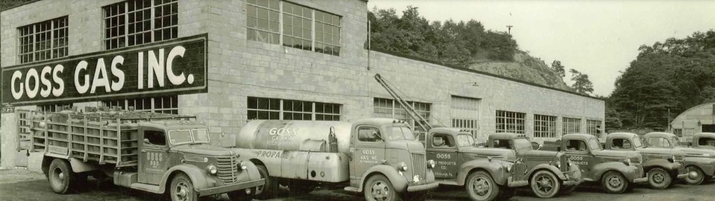 Historical photograph of Goss Gas Inc. headquarters and delivery fleet, Pittsburgh area